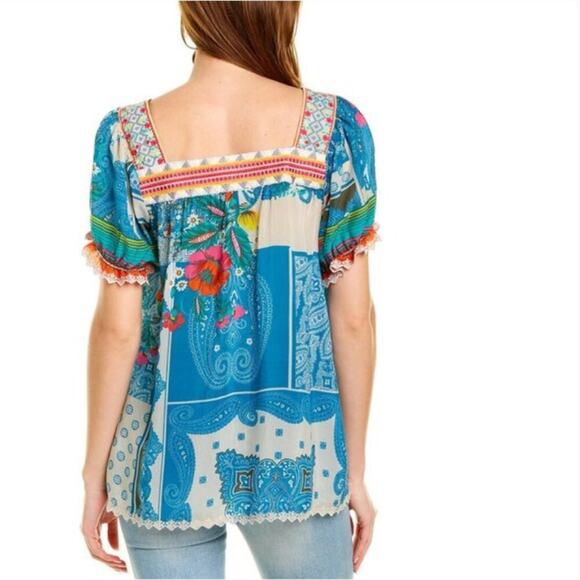 Johnny Was Hilary Blue Square Neck Printed Puff-Sleeve Blouse - Picture 2 of 9